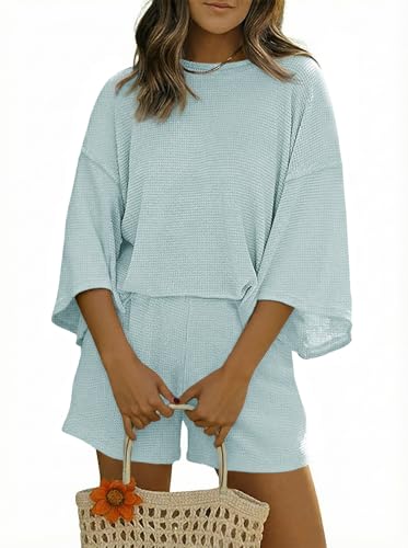 Image of Tankaneo Womens Short Sets 2 Piece Outfits 3 /4 Sleeve Tops and Elastic Waist Shorts Lounge Set Casual Loungewear