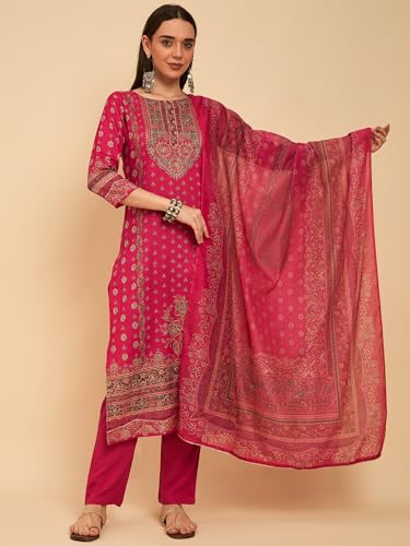 Image of SheWill Kurta Sets for Women - Red Rayon Aari Hand Work with Digital Floral Print Kurta with Pant and Chanderi Dupatta |Stylish Printed Summer Kurti Set