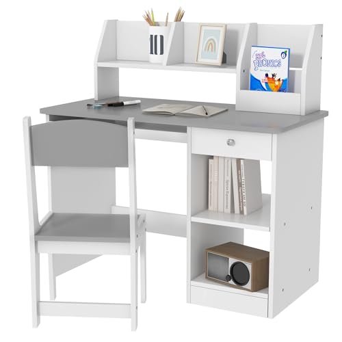 Qaba-Kids-Desk-and-Chair-Set-with-Storage-Study-Desk-with-Chair-for-Children-5-8-Years-Old-Gray Qaba Kids Desk and Chair Set with Storage Study Desk with Chair for Children 5 8 Years Old Gray