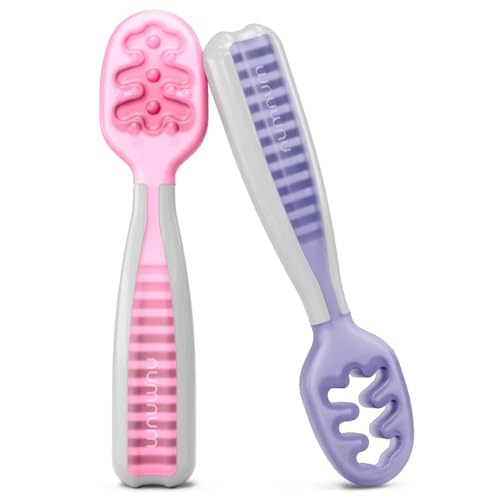 NumNum Cuillères Bébé Apprentissage | 2 pre Cuillères en Silicone (étape 1 + étape 2) | #1 Recommandé par les Experts de Sevrage| Idéal BLW (Rose/Lilas)