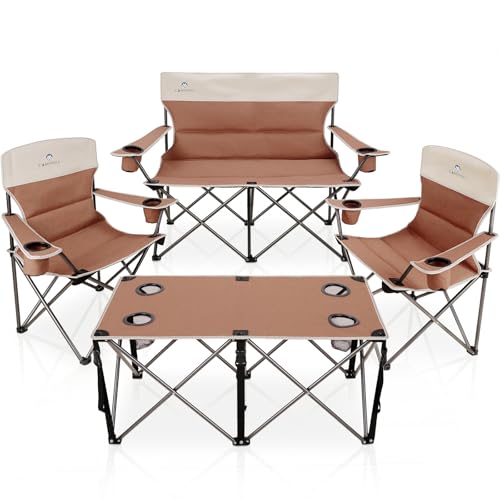Camping Chair Set of 4 Outdoor Folding Lawn Chairs with Table for Adults Heavy Duty Collapsible Chair Include One Sofa Chair and Two Single Chairs and Camping Table for Travel Sport Picnic Moca
