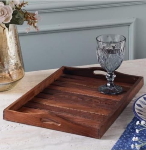 Image of BalladCraft Wooden Serving Tray Set, Set of 3, Handcrafted from Saharanpur, Dark Brown (Round Handle)