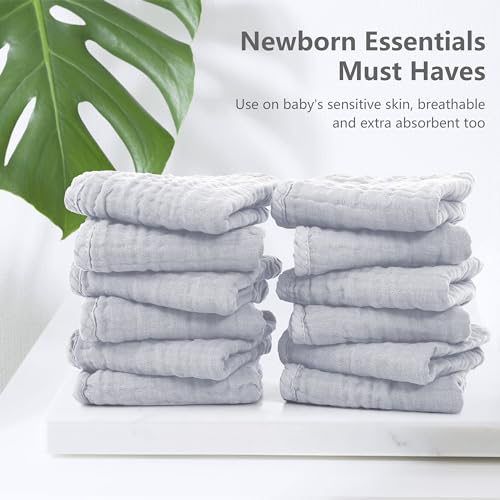SWEET DOLPHIN 12 Pack Muslin Burp Cloths Large 100% Cotton Hand Washcloths for Baby - Baby Essentials Extra Absorbent and Soft Boys & Girls Milk Spit Up Rags for Newborn Registry - Slate, 20" X10" - Thumbnail 3