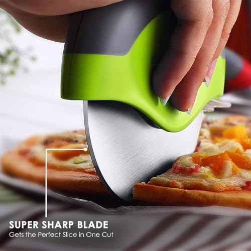 Kitchy Pizza Cutter Wheel with Big Sharp Blade and Cover, Multi Purpose Slicer with Comfort Grip for One Cut Slices | Protective Guard for Storage | Easy to Use and Clean | Dishwasher Safe