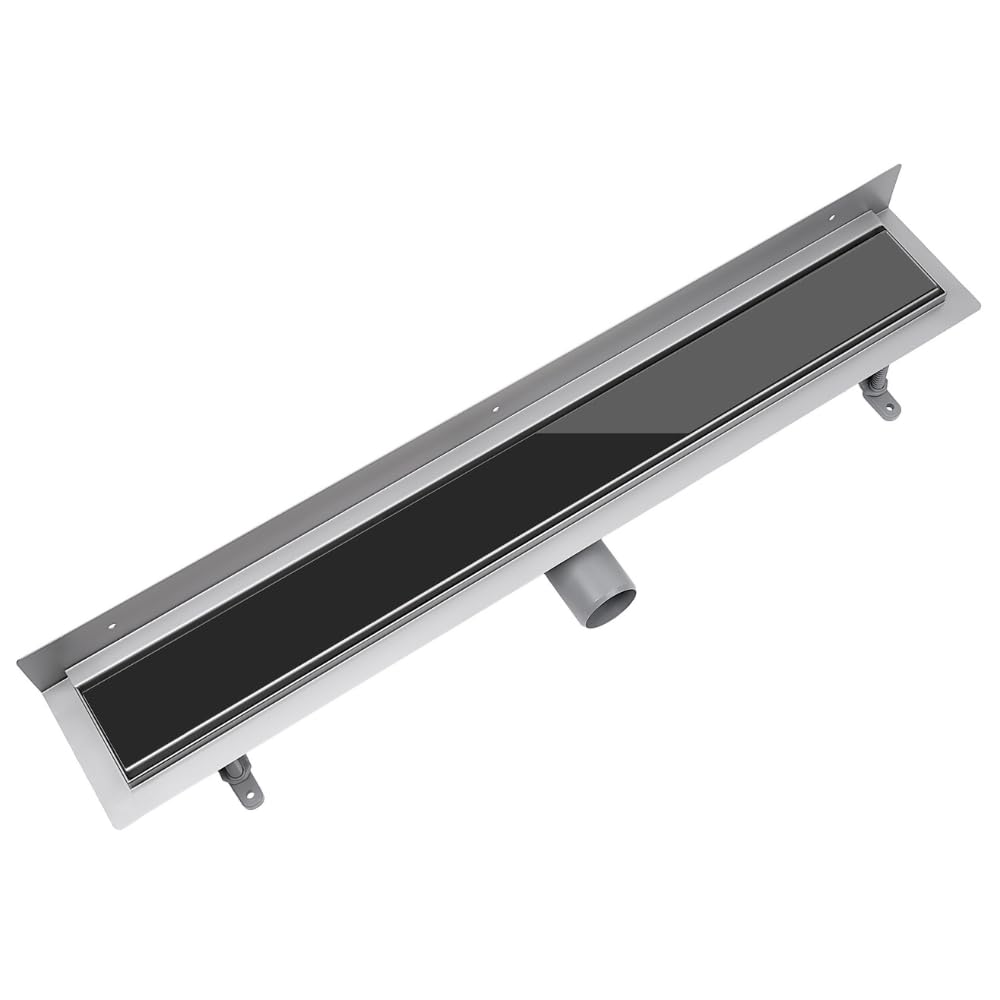 Wand-Duschrinne 100 cm, Schwarze Glasabdeckung, Edelstahl AISI 304, Siphon Ø50, Haarsieb