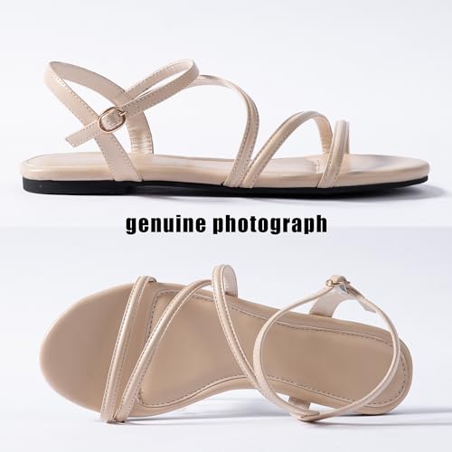 Image of Mtzyoa Women Flat Sandals Dressy Strappy Gladiator Summer Ankle Strap Nude Open Toe Comfortable Wedding Casual Leather Ladies Party Trendy Vacation