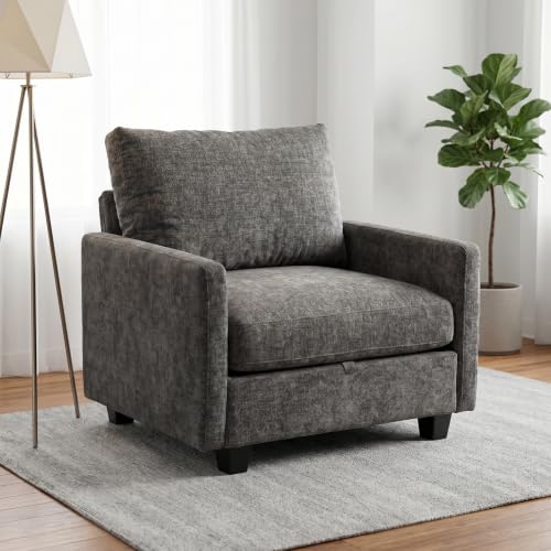Image of Singel Seat Modern Couches for Living Room, 38 inch Single Sofa with Storage | High Resilience Foam, 22 inch Seat Depth, Movable Ottoman, Comfy Chenille, Easy Assembly, Dark Gray