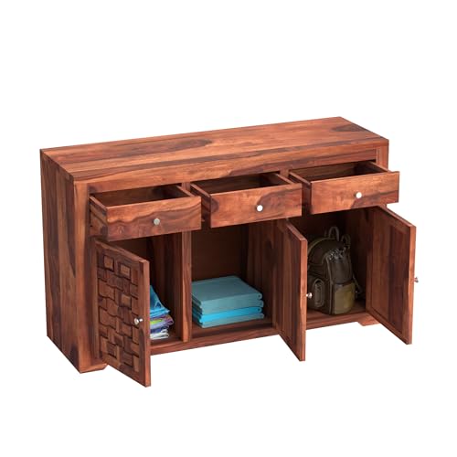Image of Krishna Wood Decor Sheesham Wood Sideboard Cabinet with 3 Drawers & 3 Door Storage | Wooden Storage Unit for Living Room Dining Room | Solid Wood Organizer Furniture with Modern Design | Honey Finish