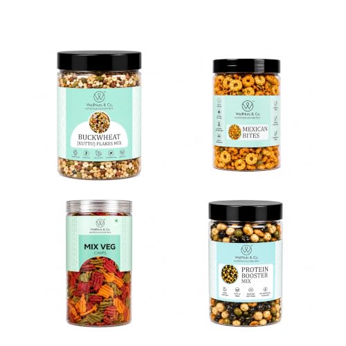 Image of WellNuts & Co. Healthy Snack Combo Pack of 4 |Buckwheat Flakes Mix - 200g, Mexican Bites - 200g, Mix Veg Chips - 150g, Protein Booster - 200g| Roasted & Ready to Eat Snacks | High Protein & High Fiber Combo | Snacks for Healthy Everyday