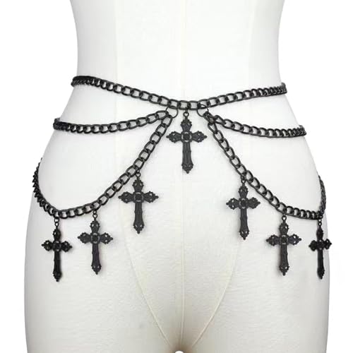 Silver Cross Waist Chain Belt for Women Adjustable Black Body Chain Belt Trendy Tassel Cross Belly Chain Belt Long Metal Link Chain Belt Punk Body Jewelry (layered black)2