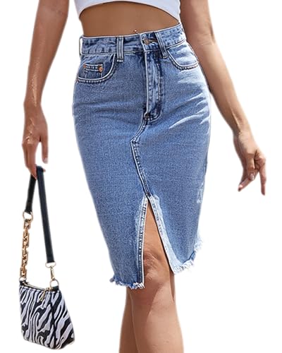 Women High Waist Front Thigh Split Washed Raw Hem Tassel Midi Slit Denim Skirt High Rise Mini Wrap Jean Skirt