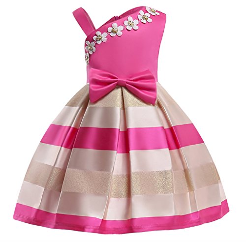 Nssmwttc Children Stripe Pageant Dresses For Girls Off Shoulder Block Color Bowknot Dress (Rose,140) 7-8 Years cover