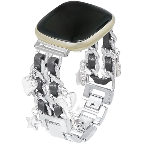 C&L Accessories Bands Compatible with Fitbit Versa 3 Bands/Versa 4 Bands/Fitbit Sense 2/Sense Bands Metal Leather Bracelet for Women Bangle Band with Charms (Silver/Black/Stars) Cover