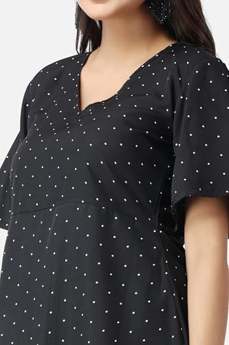 Image of POPWI1NGS Casual Printed V-Neck Short Sleeves Knee-Length Fit and Flare Dress for Women || Frokc-Style Summer Wear Dresses for Women || Loose-Fit Comfortable Women Dress for Regular Wear