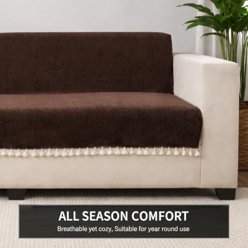 Image of STITCHNEST Brown Chenille Sofa Cover 48x60 Inch - Soft, Durable & Textured Fabric with Tassels | Full Coverage Sofa for Living Room, Bedroom, or Drawing Room