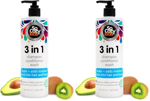 Image of SO COZY 3 in 1 Kids Shampoo + Conditioner + Body Wash (16 Fl Oz) Gentle,Hydrating Hair & Body Cleanser with Keratin,Vitamin B5,& Kiwi Extract,Paraben-& Sulfate-Free,(Pack of 2)