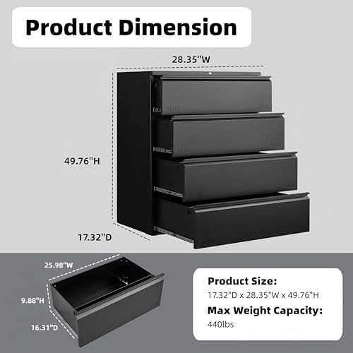 Image of Guizeeopo Metal File Cabinet with Lock, 4 Drawer Lateral File Cabinets for Home Office, Heavy Duty Office Storage Cabinet for A4 /Letter /Legal Size, Assembly Required(Black)