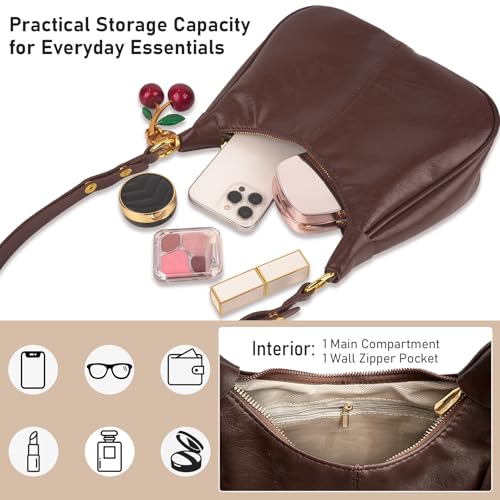 Retro Hobo Bag with Cherry Charm Genuine Leather Shoulder Crossbody Handheld Purse for Women Daily and Travel Use4