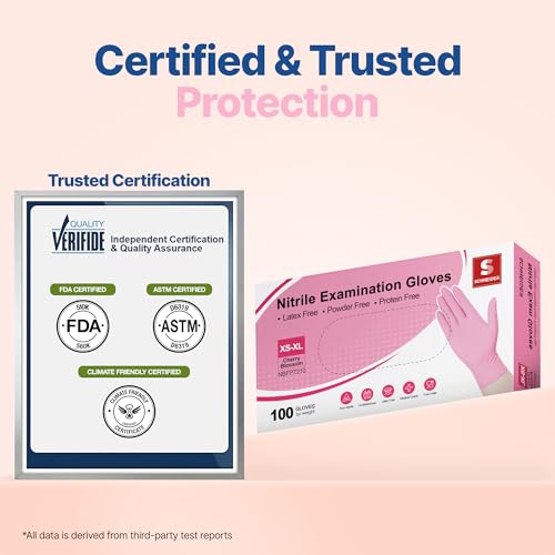 Schneider Nitrile Exam Gloves, 4-mil Medical Gloves Disposable Latex Free, Powder Free, Food Safe Glove for Cooking, Cleaning, Examination, Cherry Blossom, Small, 100-ct Box