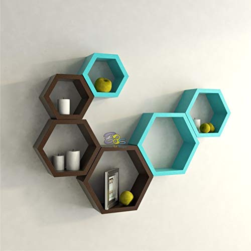 Image of BAS Engineered Wood Decorative Display With Hexagon Shape Set Of 6 Floating Wall Shelves And Racks For Living Room (Brown & Blue)