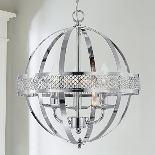 Mo&Ok 3-Lights Chandeliers Industrial Globe Metal Pendant Light Modern Chrome Sphere Lighting Fixture For Kitchen Island Dining Room Foyer Silver E12 (Not Included) #TOP8
