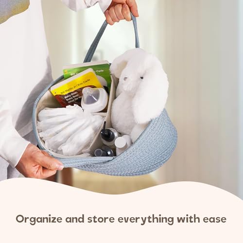 Image of luxury little Diaper Caddy Organizer, Large Cotton Rope Nursery Baby Basket, Changing Table Organizer for Baby Diaper Storage, Portable Car Organizer Removable Divider (Lake Blue, Extra Large)