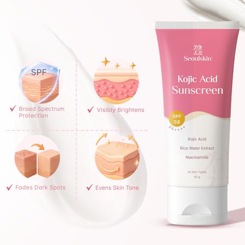 Image of Seoulskin Kojic Acid Sunscreen SPF 50 PA ++++ | Helps Fade Dark Spots & Pigmentation | Non - Sticky & Non- Greasy | No White Cast | Broad Spectrum UVA & UVB Protection | All Skin Types | For Men & Women | Lightweight Korean Sunscreen | 50 g