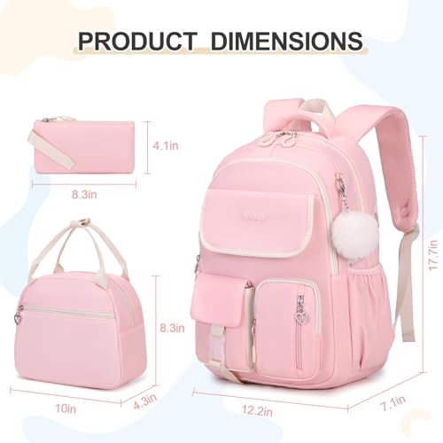 Backpacks for Girls, 3PCS School Backpack with Lunch Box Pencil Pouch for Teen Girls Kids Elementary Primary Middle High College School Bookbag Set （Pink）2