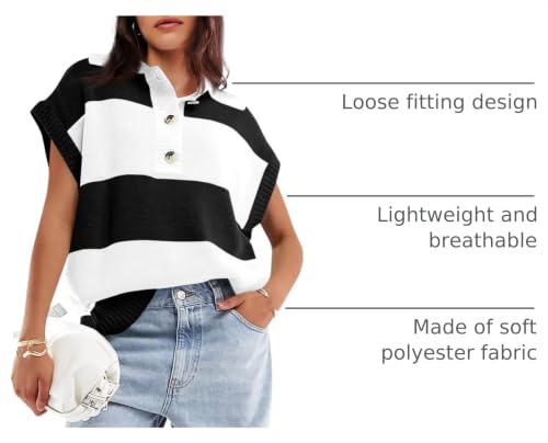 Image of Saodimallsu Women's V Neck Button Down Striped Short Sleeve Knit Sweater