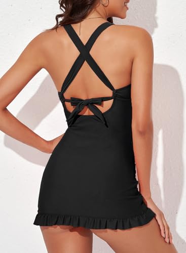 Aleumdr Women Retro Tankini Swimdress Tummy Control Bathing Suits Two Piece Tankini Tops with Bikini Bottoms Twist Swimwear2