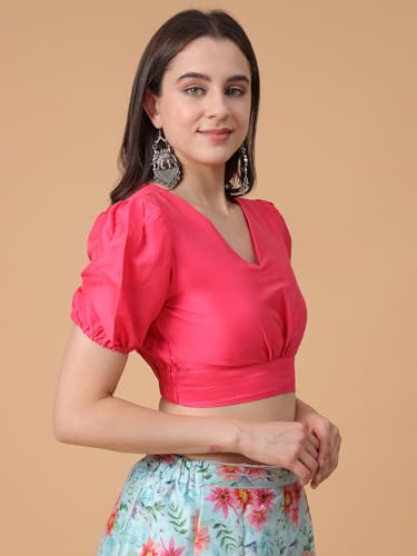 Image of Frolic Rolic Premium Silk V-Neck Blouse Readymade Saree Blouse - Designer Puff Sleeve Blouse for Wedding