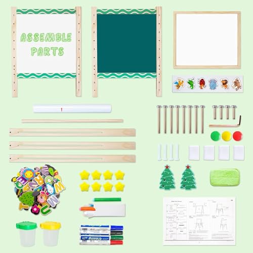 Kinder Spiel Tafel aus Holz|Verstellbare Doppelseitige Whiteboard und Tafel-Staffelei mit Buchstaben und Zahlen Aufkleber und Anderem Zubehör für Kinder und Kleinkinder (grüne Streifen)