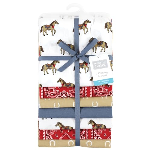 Image of Little Treasure Hudson Baby Cotton Poly Flannel Receiving Blankets Multipack, Red Cowboy, 30x30 inches