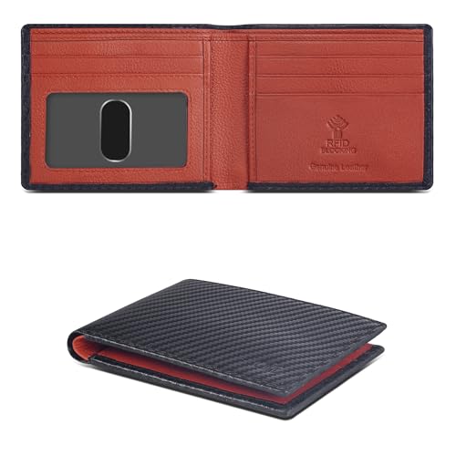 Image of Oak Leathers Slim Leather Wallet for Men - RFID Blocking Slim Minimalist Front Pocket - Thin & Stylish with ID Window, Gift For Men(Black Carbon /Orange)
