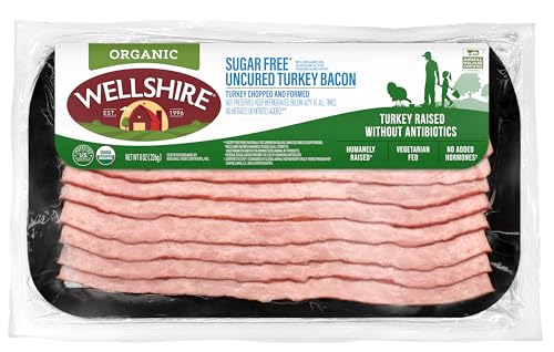 Wellshire Farms 8 oz Organic Sugar Free Turkey Bacon – Made from Organic Turkey Thighs with No Antibiotics or Hormones, a Lean and Flavorful Breakfast Meat Alternative