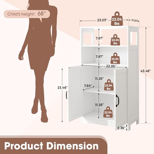 GRUSIGN 43.3" H Bathroom Storage Cabinet with Doors, Freestanding Small Bathroom Cabinet Organizer, Farmhouse Cupboard, Adjustable Shelves, for Laundry Room, Kitchen, Living Room, White - Image 3