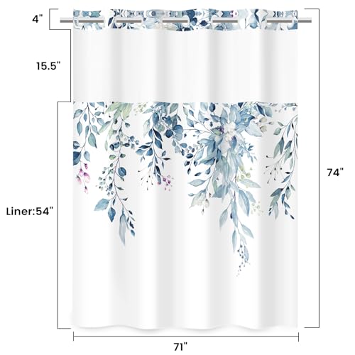 Withloc No Hook Shower Curtain With Snap In Liner - Eucalyptus Shower Curtain - Fabric Waterproof Inner Liner, Plants Blue Leaves Modern Shower Curtains thumb #6