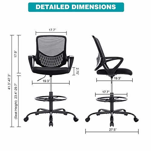 Tall Office Chair, Drafting Chair, Standing Desk Chair, High Adjustable Office Mesh Chair, Ergonomic Counter Height Computer Rolling Chair With Armrests And Foot-Ring For Bar Height Desk #TOP2