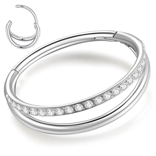 18G 8MM Silver Nose Ring Hoop - 18 Gauge Surgical Steel Double Hoop Nose Rings for Single Piercing | Thin Hinged Nose Ring CZ Septum Clicker Jewelry - Cartilage Helix Tragus Small Hoop Earrings for Women Men ( Clear Cubic Zirconia )