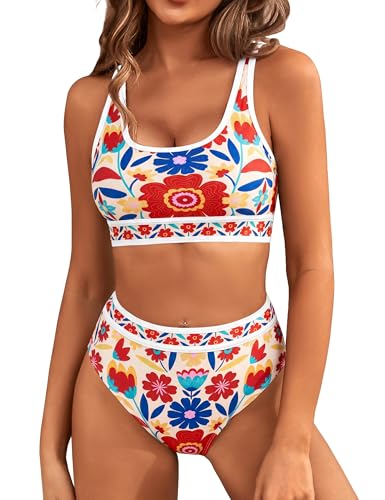 Image of BMJL Women's High Waisted Bikini Sets Sporty Two Piece Swimsuits Color Block Tummy Control Modest Bathing Suit