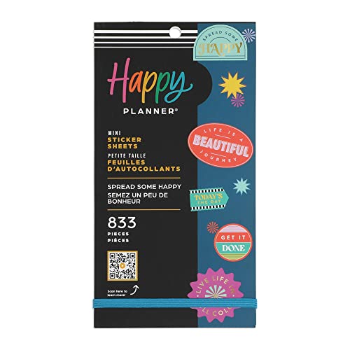 Happy Planner Sticker Pack for Calendars, Journals, and Planners, Multicolored Scrapbook Accessories, Spread Some Happy Theme, Mini Size, 30 Sheets, 833 Total Stickers
