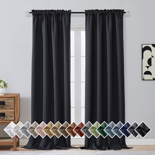 Image of Black Blackout Curtains for Bedroom 96 Inches Long 2 Panels, Soft Fabric Solid Blackout Curtains, Room Darkening Living Room Window Treatments, Dual Rod Pocket Window Drapes, 2x40Wx96L Inches