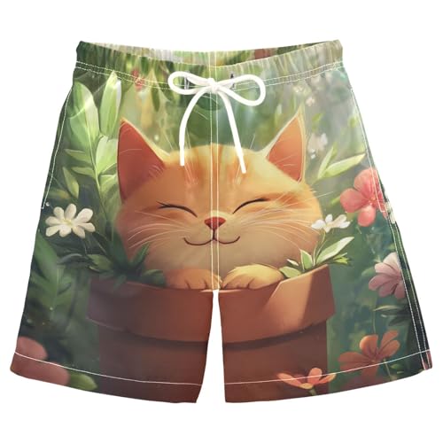 DOMIKING Kitten Flowerpot Orange Boys' Pull On Swim Trunks Quick Dry Boardshorts with Mesh Lining for Kids Boys M