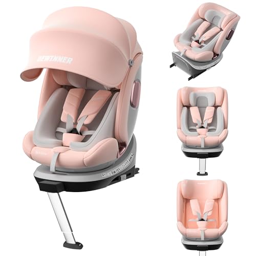 DEWINNER Seggiolini Auto da 0 a 36kg ISOFIX - Seggiolino Auto Girevole a 360°,I-Size Gruppo0+1/2/3,Cntura a 5 punti,RWF,FWF,Poggiatesta regolabile,Tettuccio Anti-UV + Gamba di Supporto,ECE R129 (Rosa)
