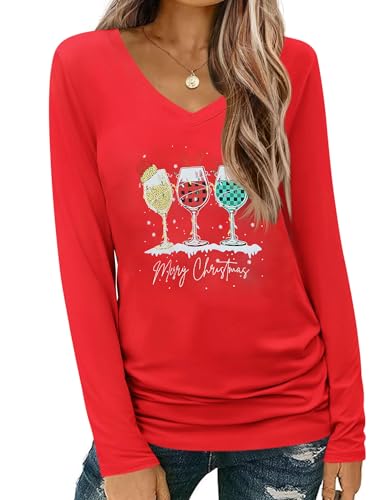 Cicy Bell T-Shirt da Donna a Maniche Lunghe con Scollo a V Camicie Casual Basic Abiti Natalizi, Rosso-A, M