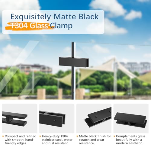 Image of 4 Pack Black Railing Glass to Glass Clamp, 180 Degrees Double Sided Clip Fit for 3 /8 inch-1 /2 inch(10mm-13mm) Thinkness Balustrade, SST304 Railing Holder for Fence, Balcony Deck, Indoor & Outdoor