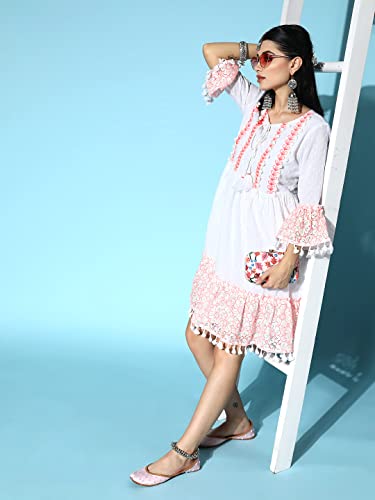 Image of ishin Women's Cotton Embroidered A-Line Knee Length Dress