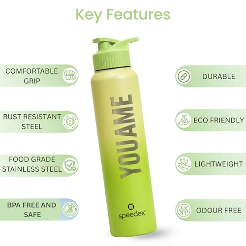 Image of Speedex Customised Stainless Steel Water Bottle 1 Ltr with Name - Personalised Engraved Sipper Cap Bottle for Kids, Men & Women, School, Gym, Office Lime Green, Set of 1