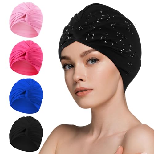 Shyyween 4 Pieces Swim Caps for Women Polyester Turban Strong Non-Slip Swimming Hat Elastic Swimming Pool Cap for Long and Short Hair (Pink,Blue,Rose Red,Black)