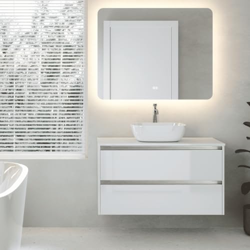 Mueble de Baño Suspendido con Lavabo Sobreponer Cerámico |Mueble Volado 2 Cajones con Tirador | 70 cm Blanco Brillo Tirador Cromo